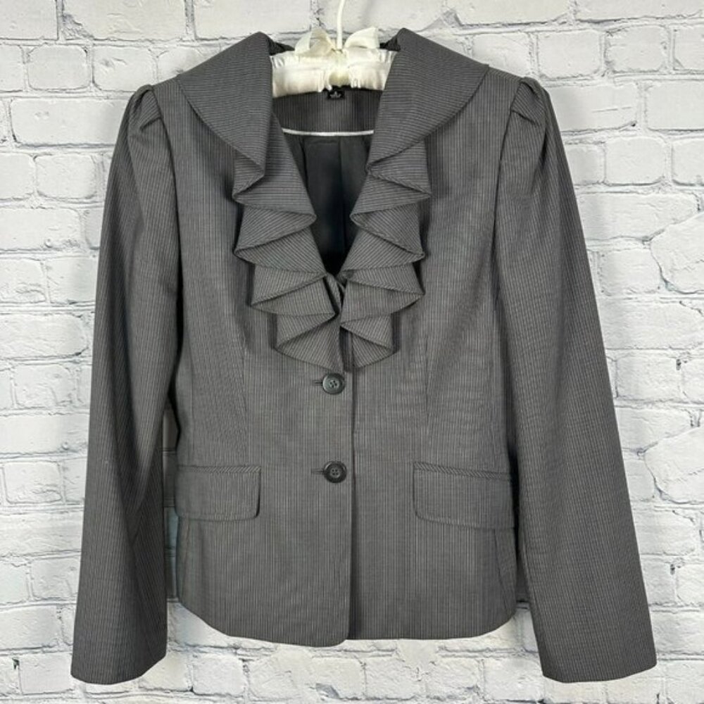 Anne Klein Women's Ruffle Front‎ Dress Blazer Jacket, Size 8, Gray Pin Stripe